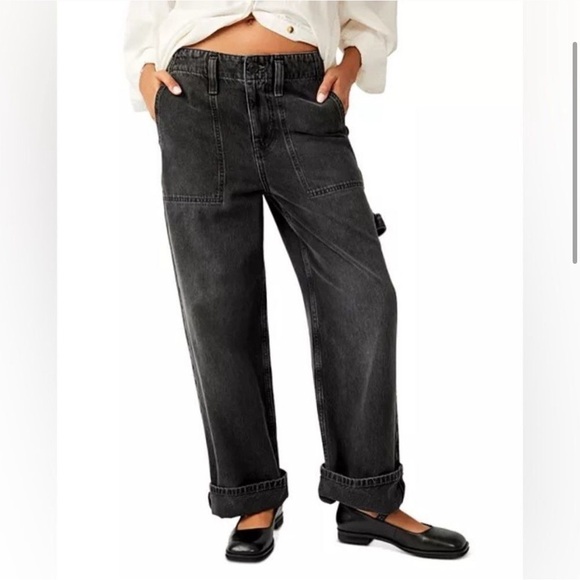 Free People | We The Free Major Leagues Mid Rise Wide Leg Black Wash Denim 25/0 - Picture 4 of 15